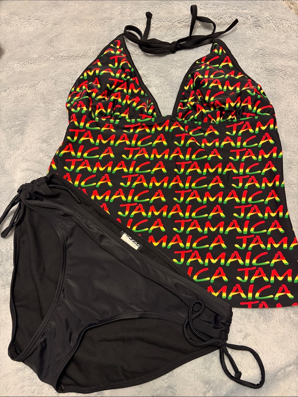 Ingear Black Tankini & Bikini Set with Red, Yellow and Green Jamaica Print